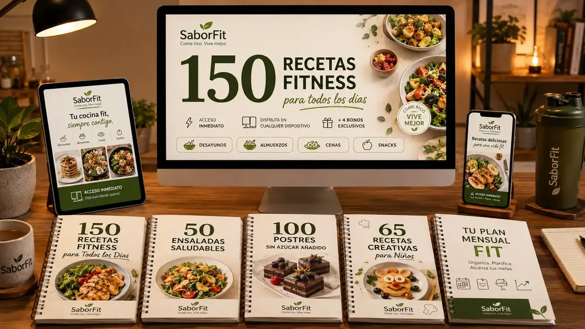 Biblioteca digital de recetas fitness abierta en un smartphone, una tablet y una computadora